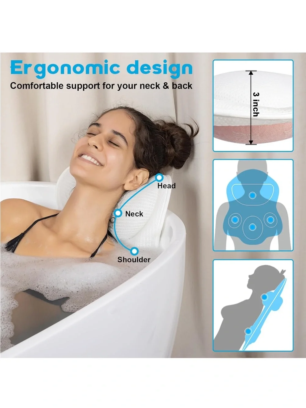 New Open Box BLACK Bath Pillow for Tub Neck and Back Support - Upgraded Non-Slip